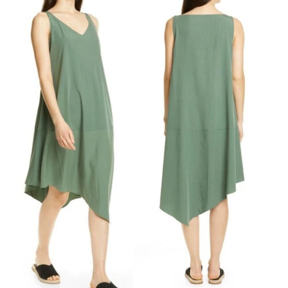 Eileen Fisher Medium Sandwashed Tencel Asymmetrical Shift Dress Nori Green